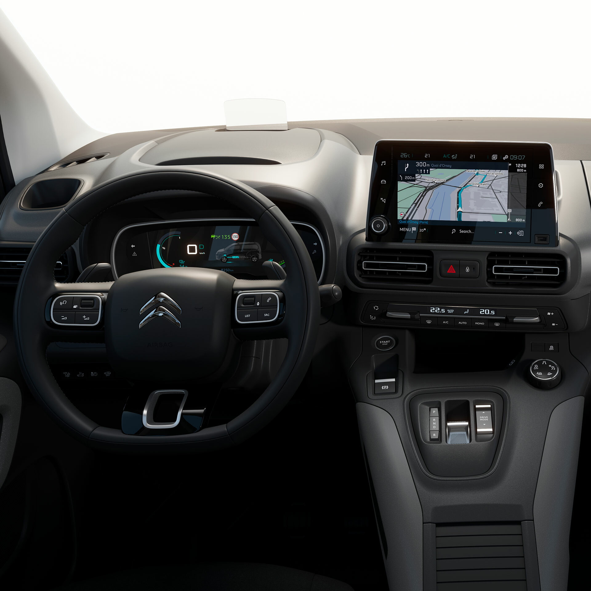 Vista del panel de instrumentos y sistema de infotainment del Citroën Berlingo.