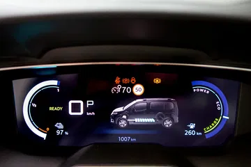 Vista del cuadro de instrumentos digital del Citroën ë-Berlingo con indicadores luminosos.