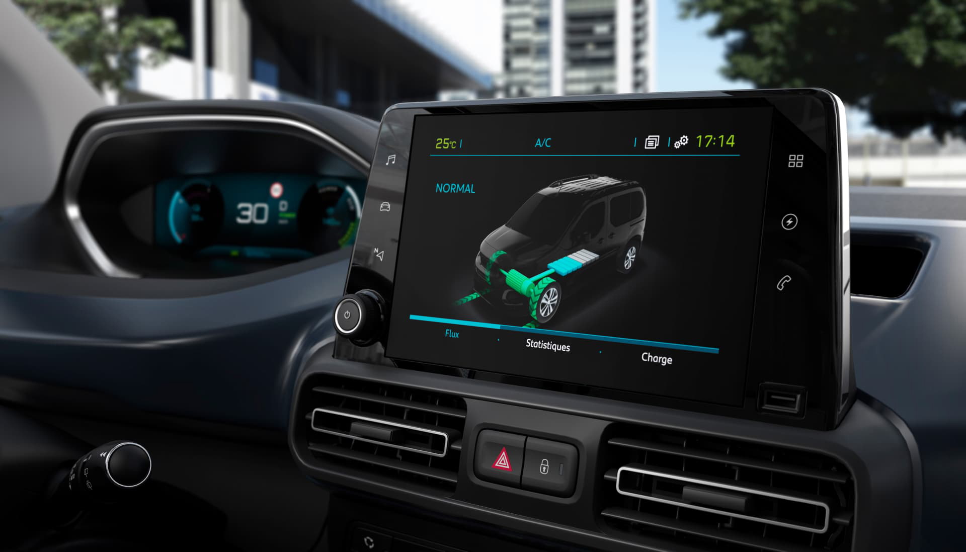 Vista del cuadro de instrumentos y sistema de infotainment del Peugeot e-Rifter.