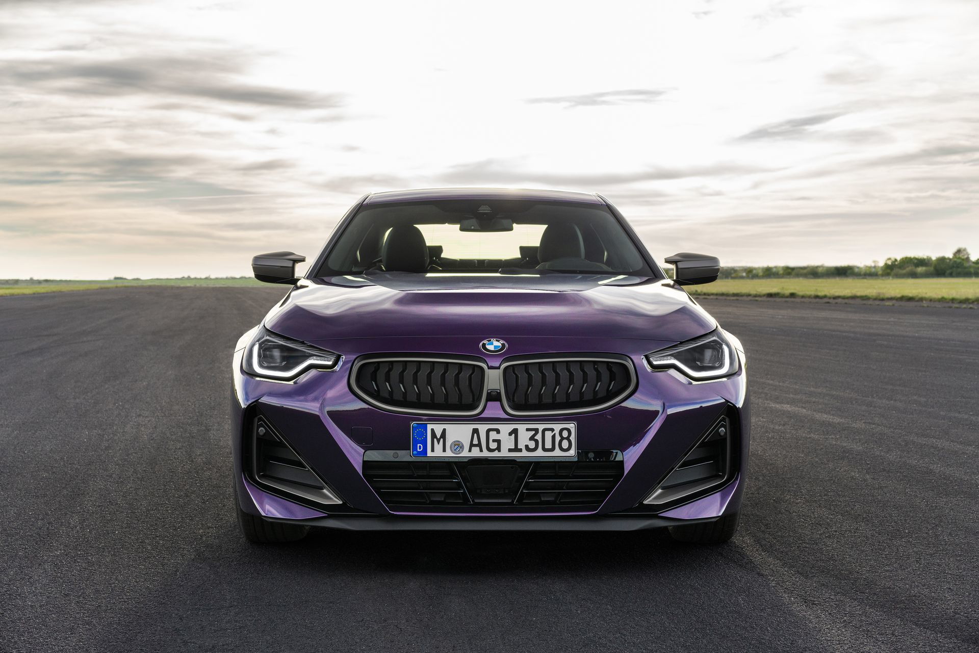 Vista frontal del BMW Serie 2 destacando su diseño agresivo y parrilla icónica.