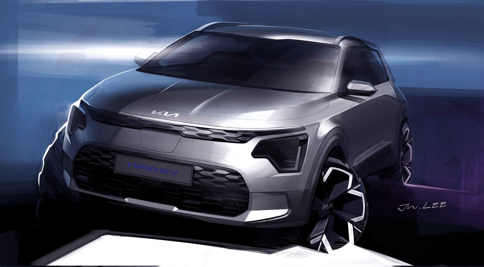 Vista angular frontal del Kia Niro, mostrando su diseño moderno y aerodinámico.