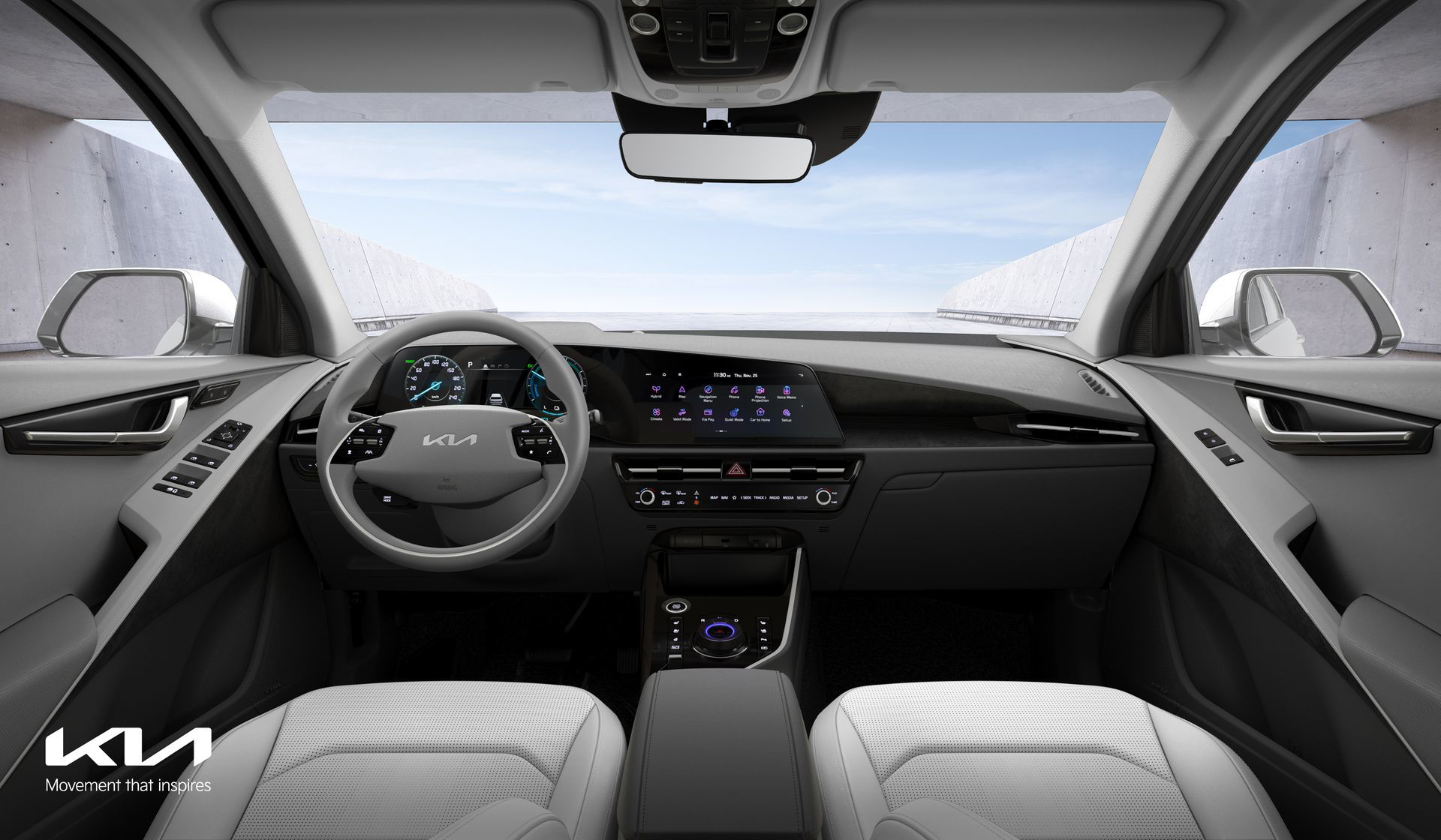 Elegante diseño interior con volante y pantalla táctil integrada.