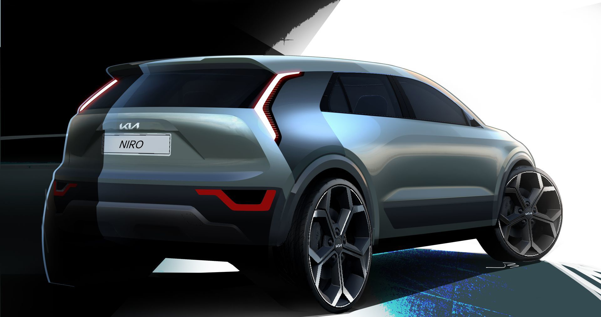 Vista trasera y lateral del Kia Niro destacando su diseño aerodinámico.