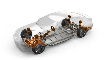 Vista explotada del conjunto motriz BMW i7, evidenciando su arquitectura eléctrica.