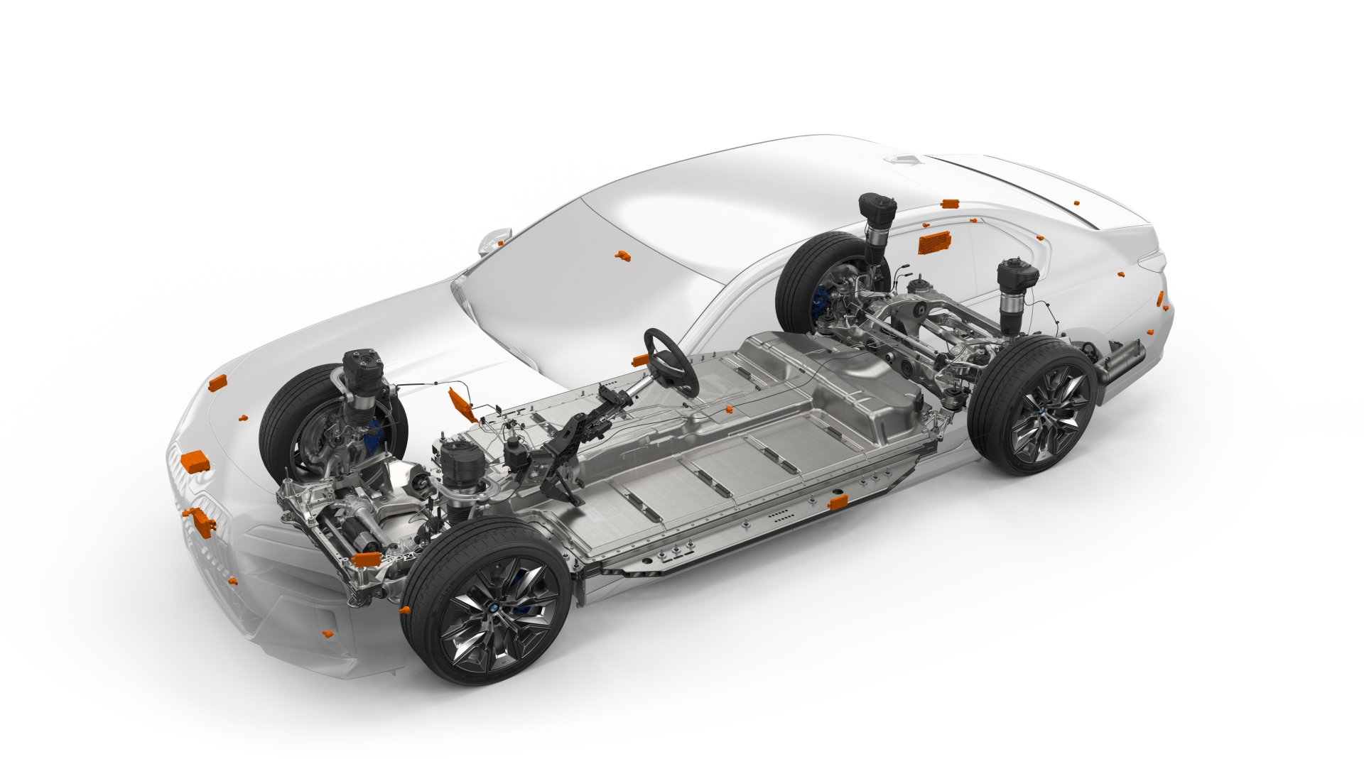 Vista lateral de la estructura y parte del tren motriz del BMW i7.