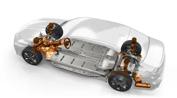 Vista esquemática del tren motriz del BMW i7, destacando su diseño eficiente.