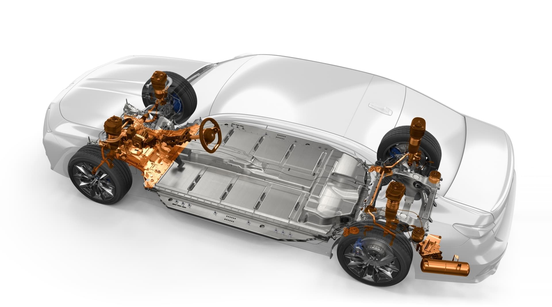 Vista esquemática del tren motriz del BMW i7, destacando su diseño eficiente.