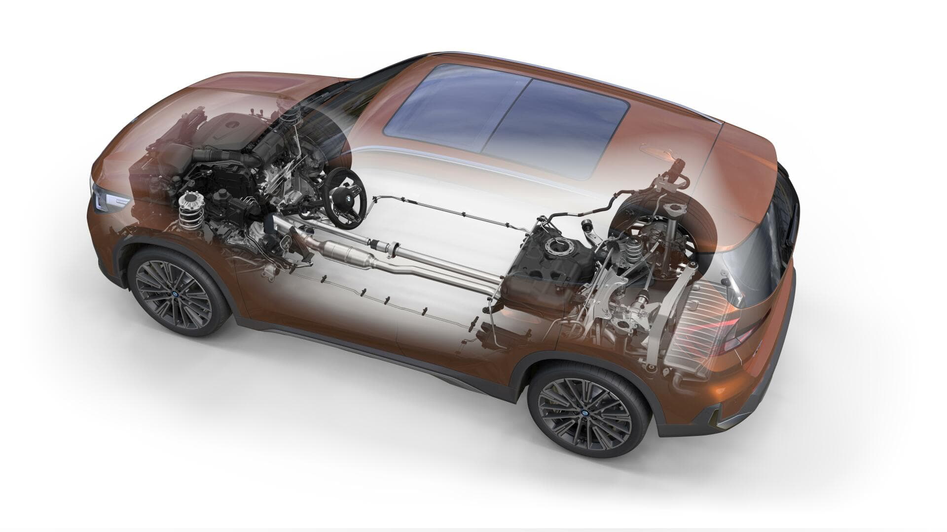 Visión esquemática del sistema de propulsión del BMW X1, incluyendo motor y transmisión.