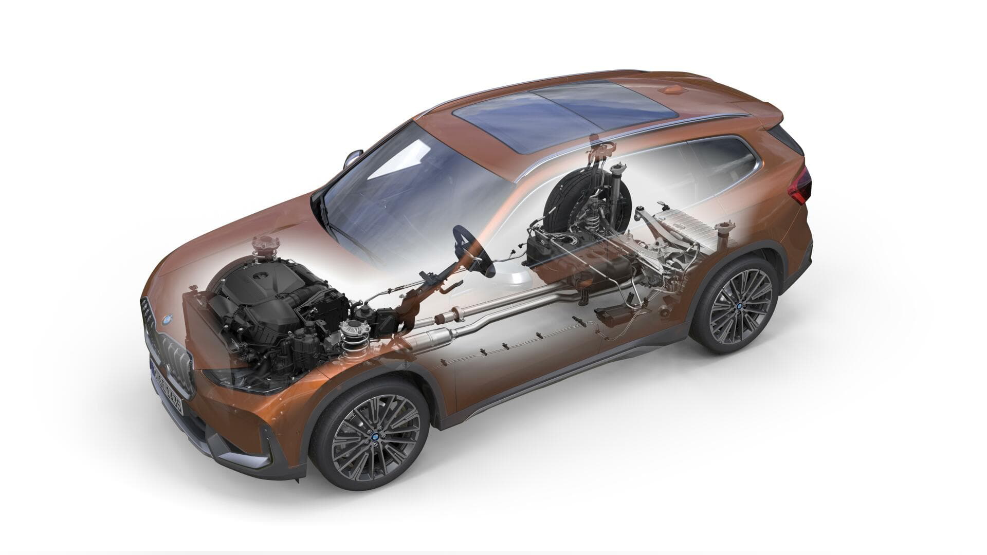 Diseño lateral dinámico del BMW X1, resaltando su silueta aerodinámica.