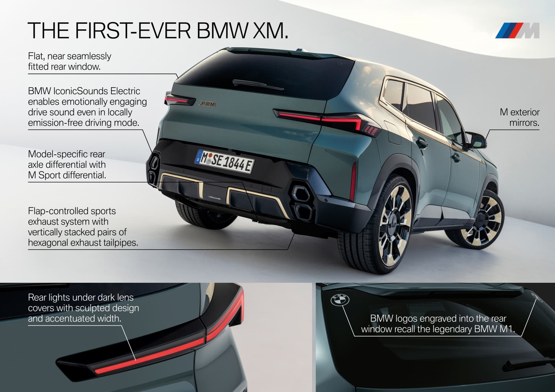 Vista dinámica del BMW XM realzando su diseño moderno y deportivo.