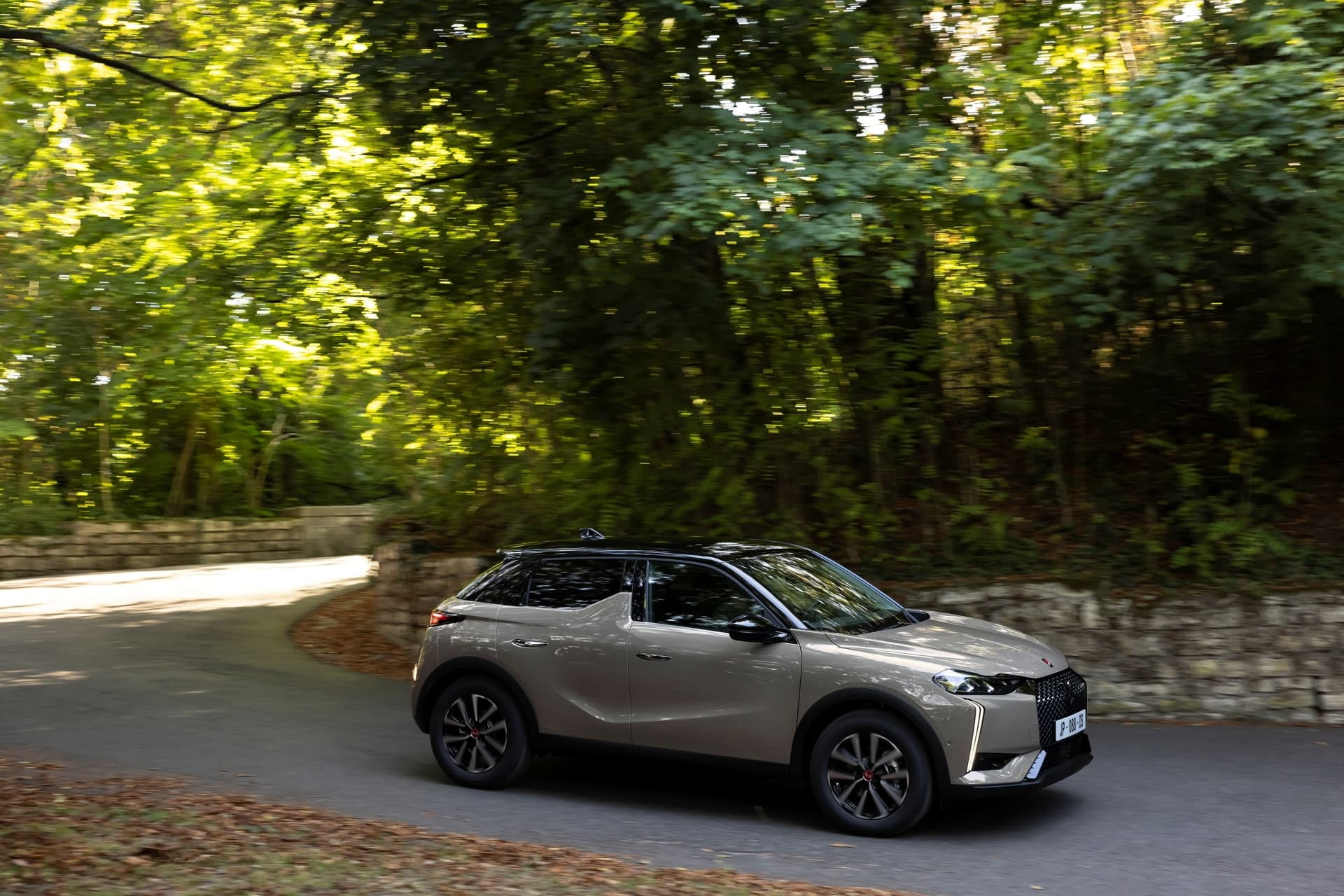 Vista lateral del DS 3 en un entorno natural, destacando su diseño y línea.