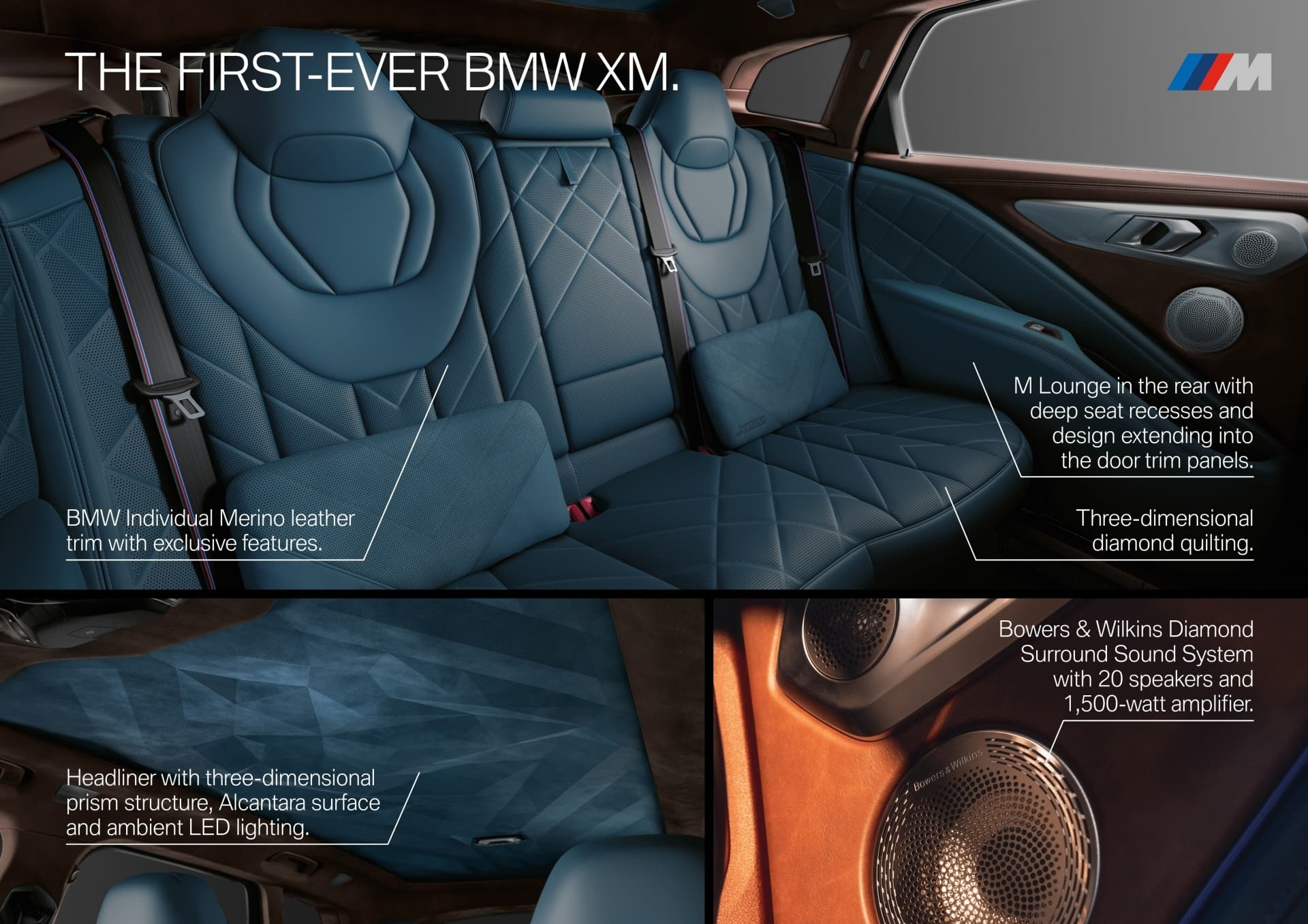 Vista lateral mostrando los asientos de lujo del BMW XM.