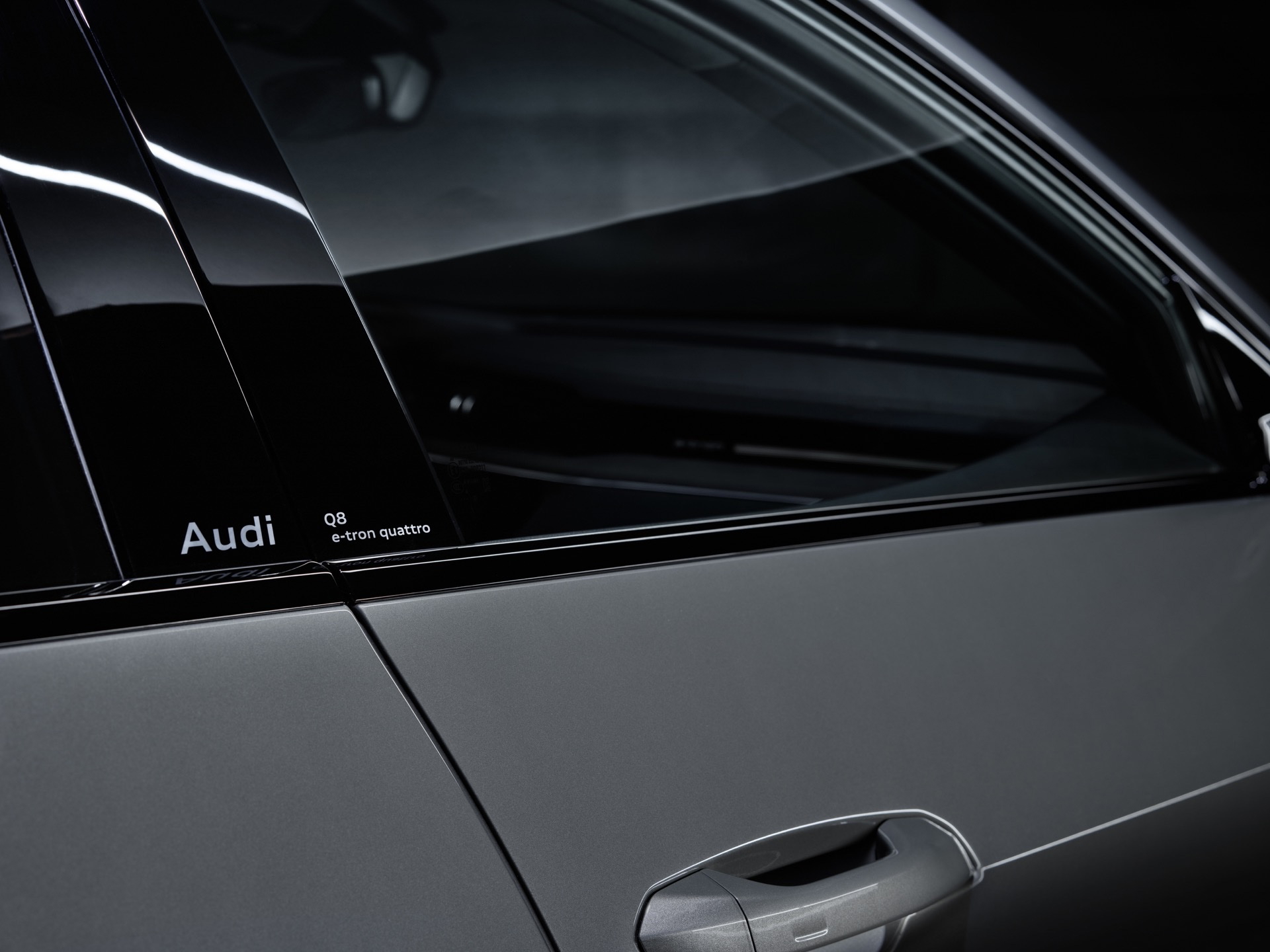 Vista en detalle de la insignia Audi e-tron en el lateral.