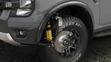 Vista cercana de la rueda del Ford Ranger, enfatizando diseño y neumáticos.