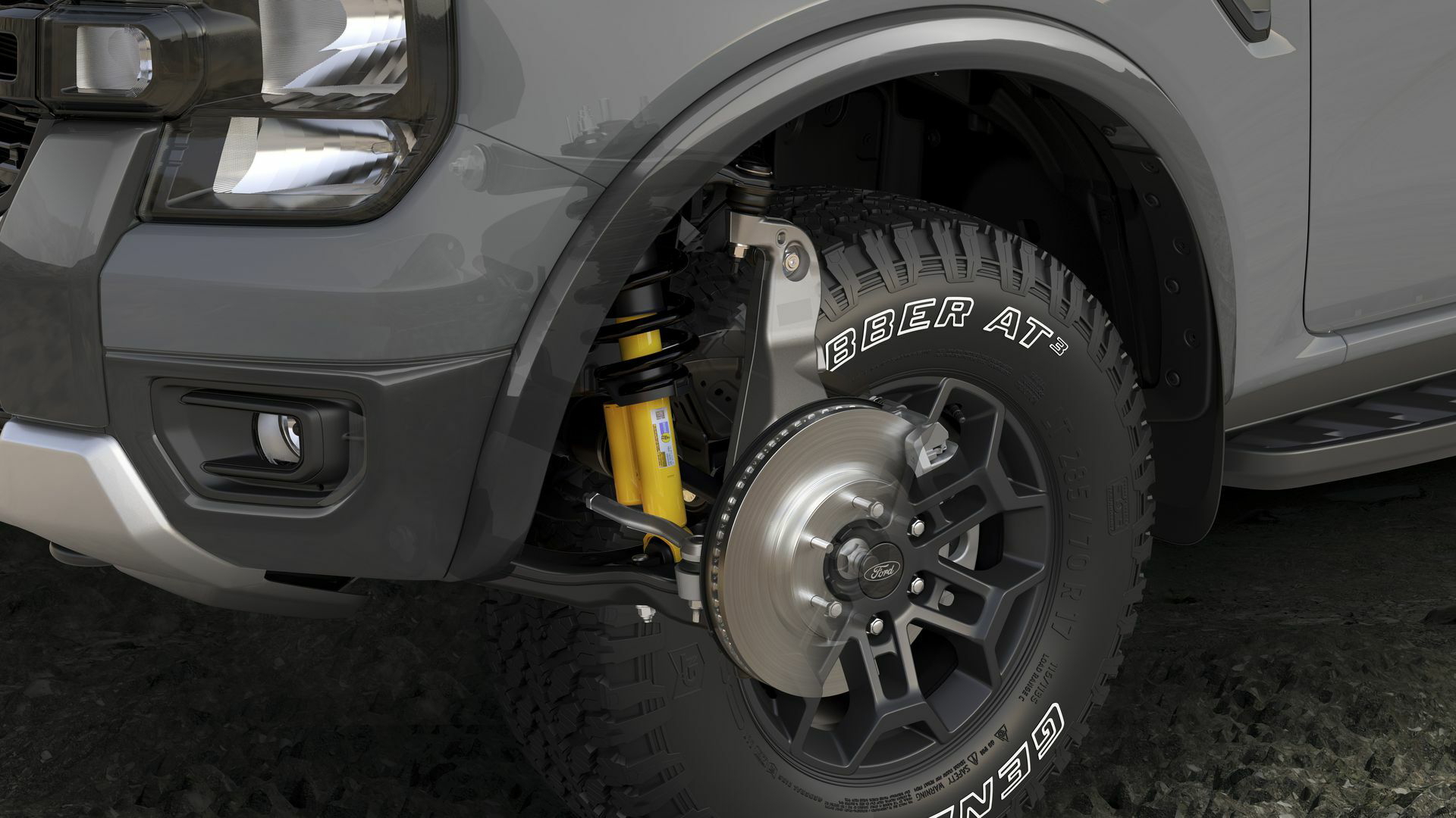 Vista cercana de la rueda del Ford Ranger, enfatizando diseño y neumáticos.