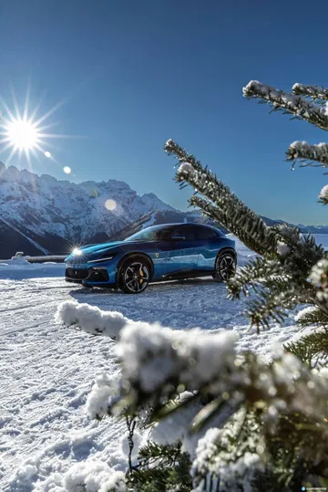 Vista lateral del Ferrari Purosangue sobre un paisaje nevado.