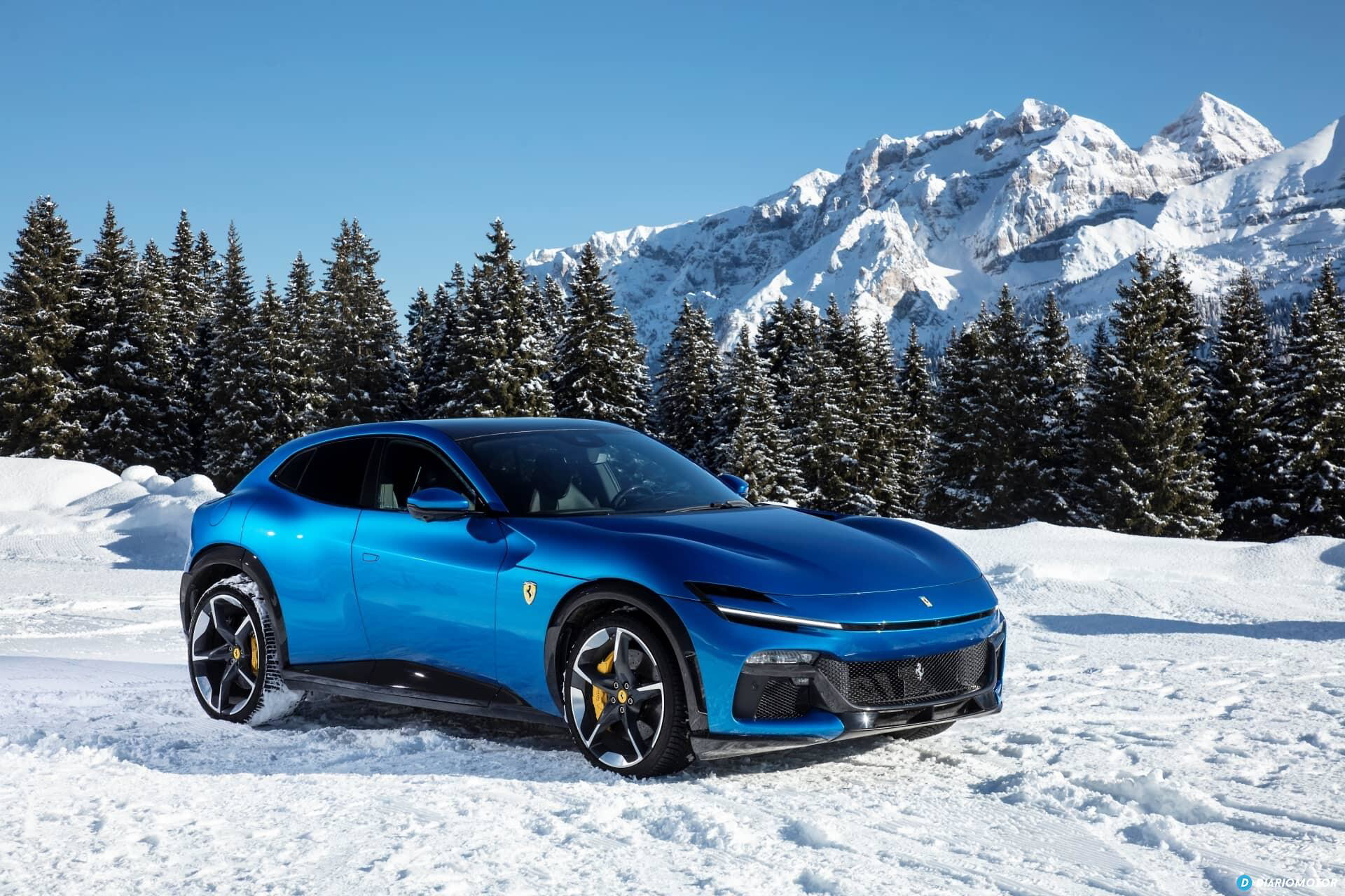 Ferrari Purosangue capturado en perfil lateral con paisaje nevado