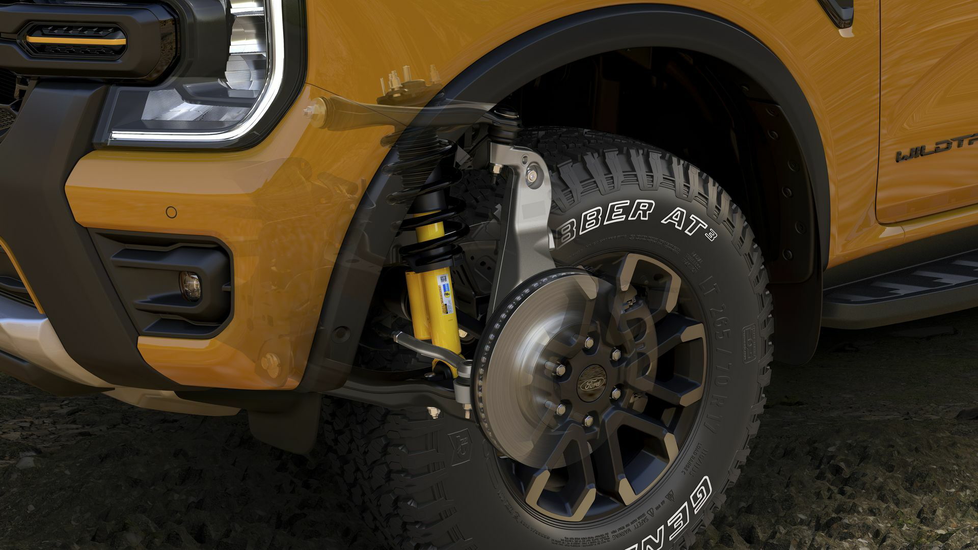 Vista detallada de la llanta del Ford Ranger Raptor, robustez que define su carácter todoterreno.