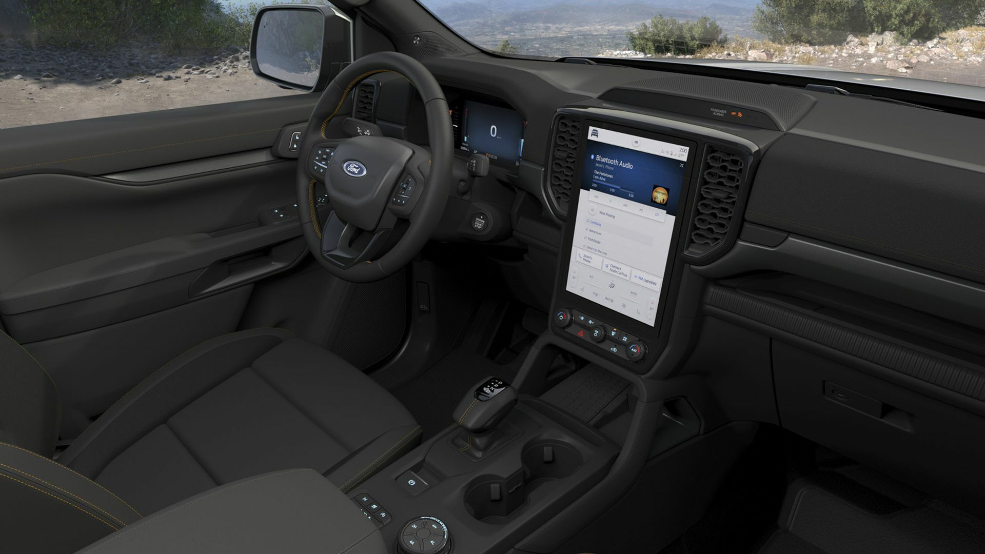 Vista del volante y parte de la consola central del Ford Ranger.