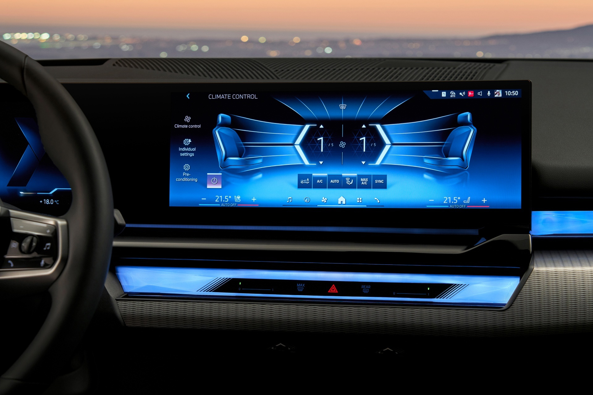 Visualización del cuadro de instrumentos digital del BMW Serie 5 con iluminación azul.