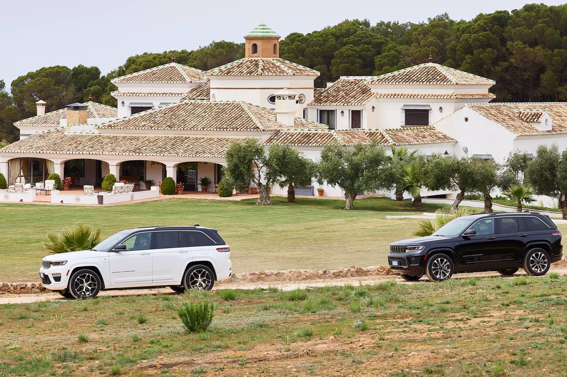 Vista lateral de dos Jeep Grand Cherokee en entorno natural