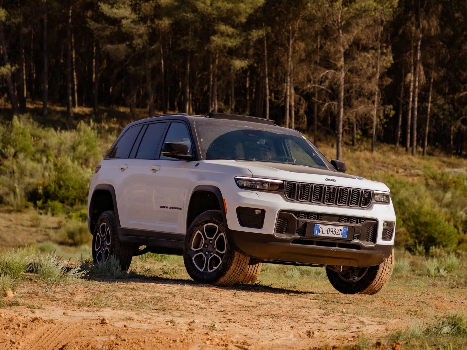 Vista lateral Jeep Grand Cherokee en entorno natural.