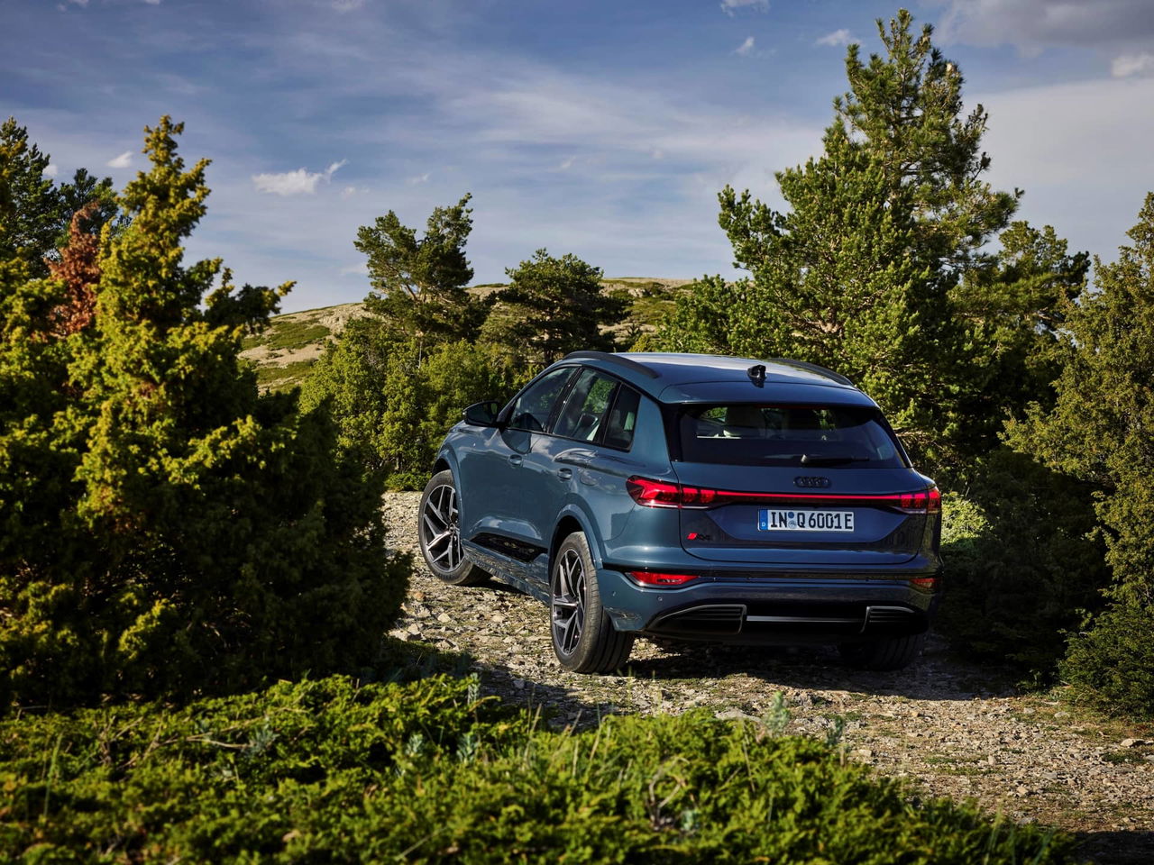 Vista dinámica del Audi Q6 e-tron trasera y lateral entre vegetación.