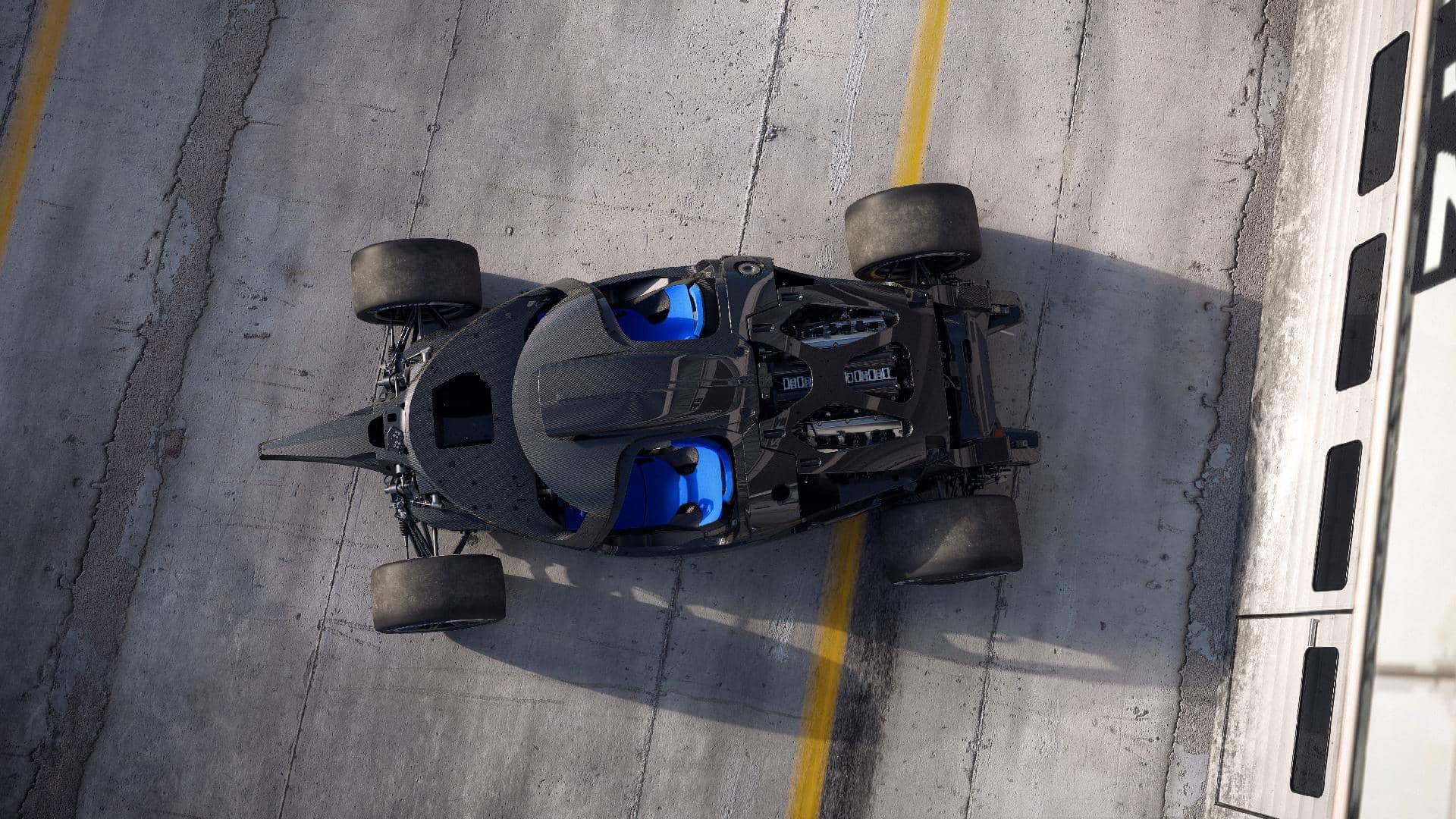 Vista aérea del Bugatti para las 24 Horas de Le Mans, destacando su aerodinámica.