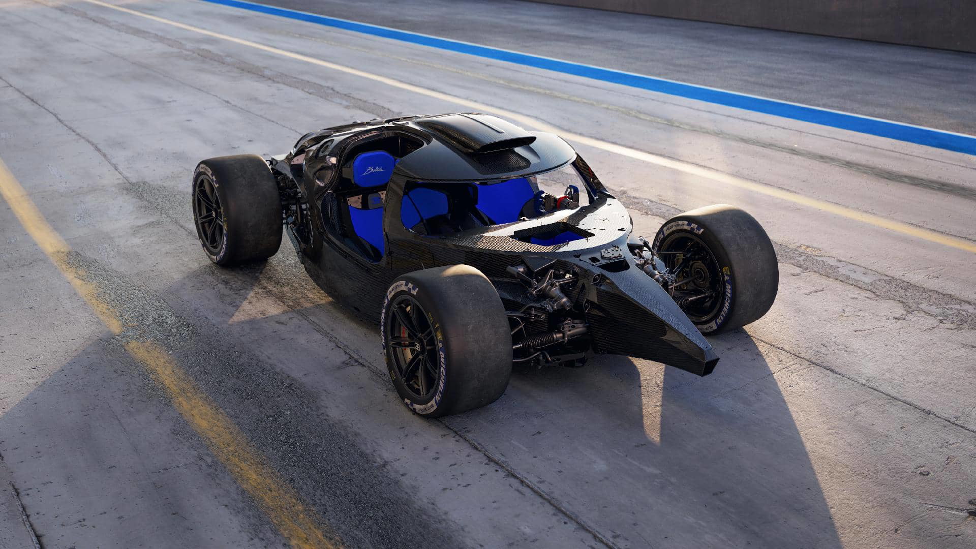 Vista lateral de un prototipo Bugatti para las 24 Horas de Le Mans 2024.