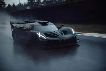 Vista dinámica del Bugatti en acción, mostrando su diseño aerodinámico y líneas agresivas.
