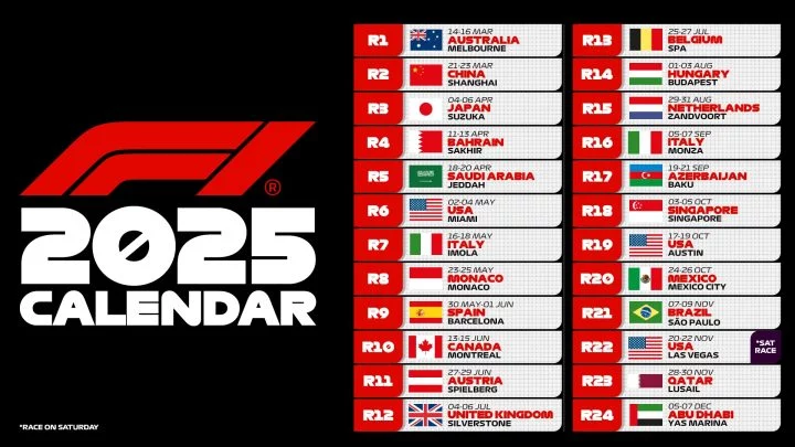 Calendario oficial de la temporada F1 2025 con todas las carreras y fechas.