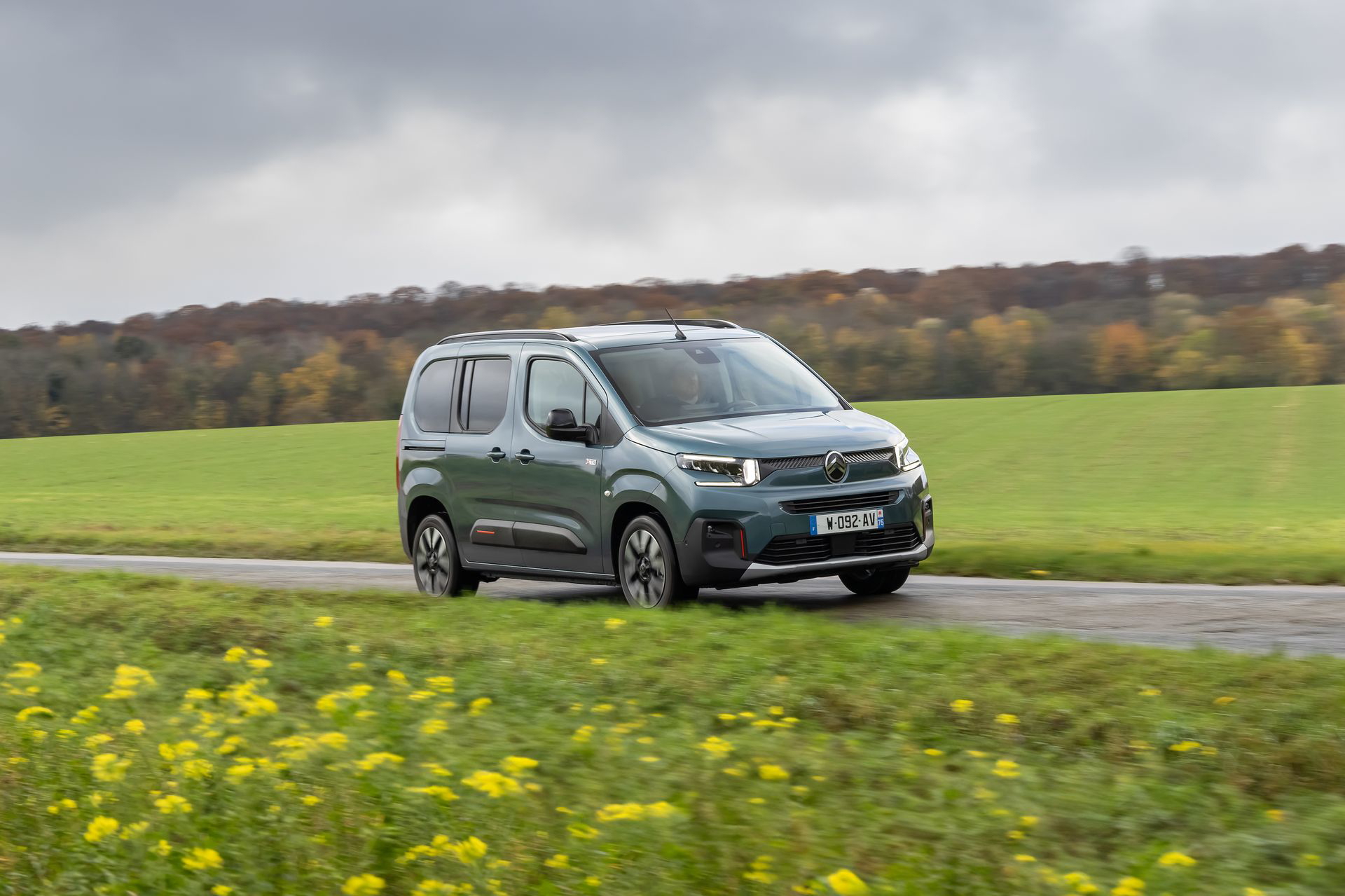 Vista lateral del Citroën Berlingo sobre un entorno campestre.