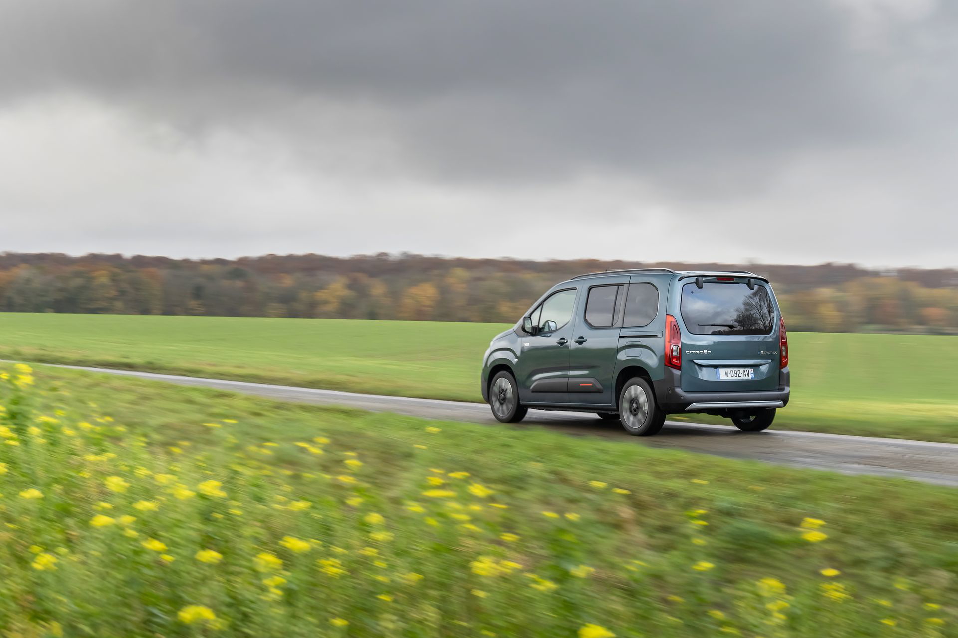 Vista lateral del Citroën Berlingo en un entorno campestre, mostrando su diseño funcional.