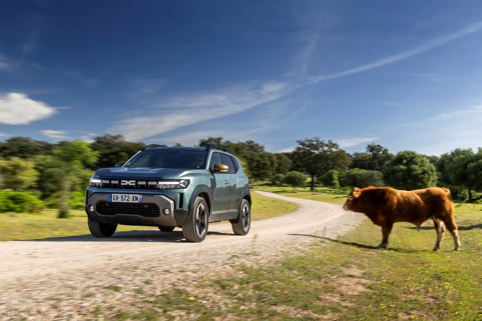 Vista delantera y lateral del Dacia Duster en un entorno campestre.