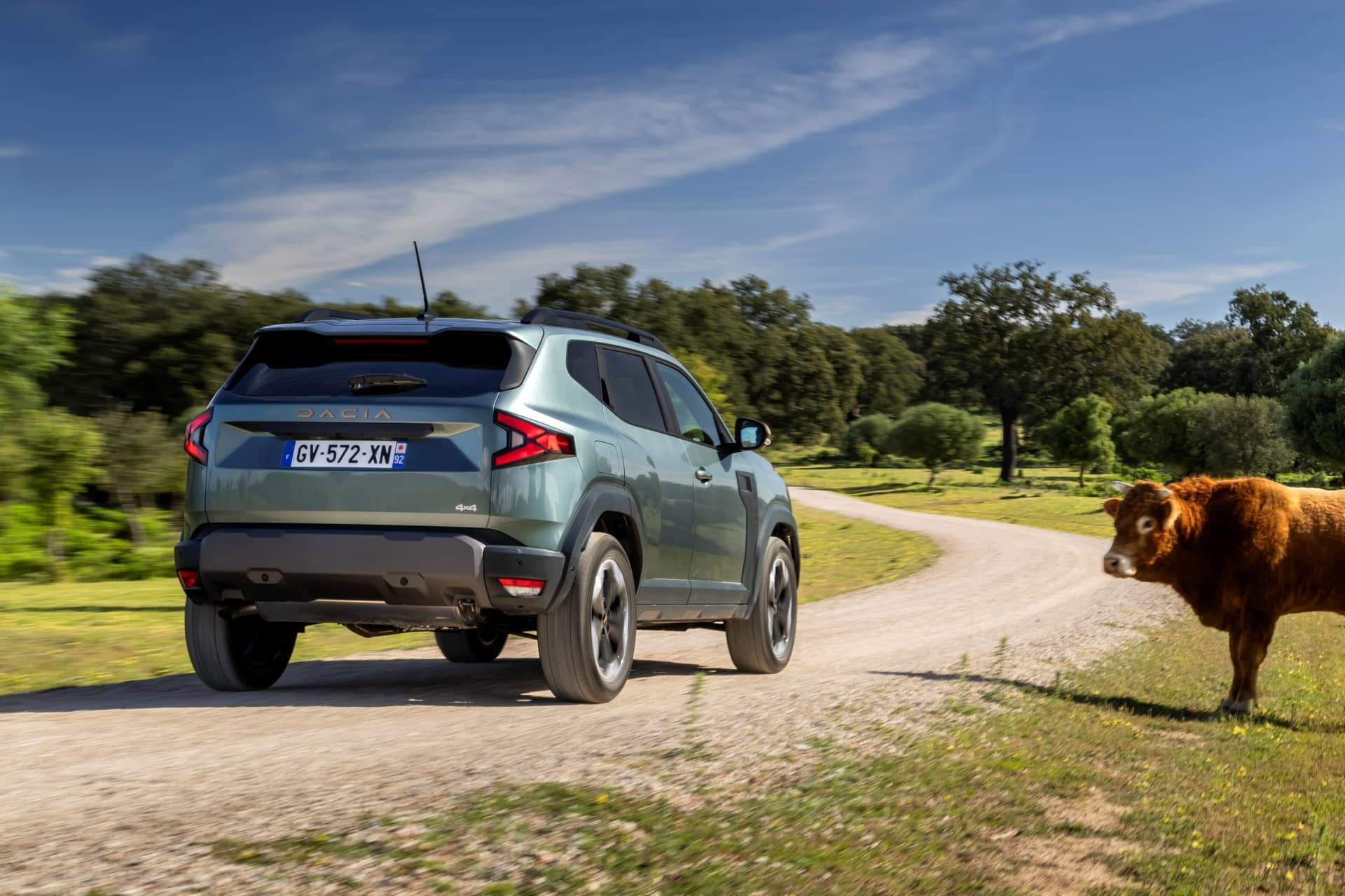 Vista trasera lateral del Dacia Duster en un entorno rural, destacando su capacidad todoterreno.