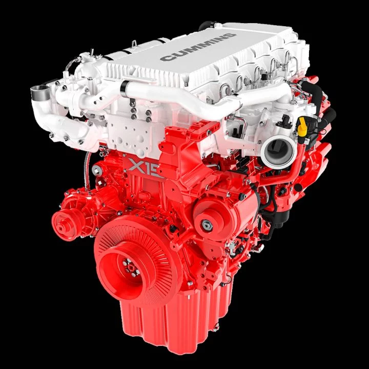Vista del robusto motor diésel Cummins X15 con componentes destacados.