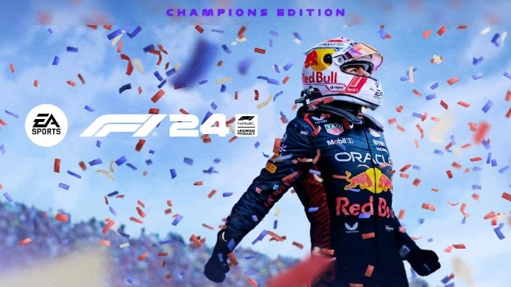 Piloto de F1 celebrando victoria con detalles promocionales del videojuego F1 24 de EA Sports.