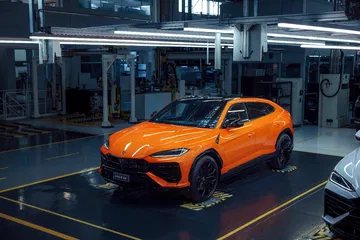 Vista lateral del Lamborghini Urus SE 2024 en la línea de montaje, color naranja vibrante.