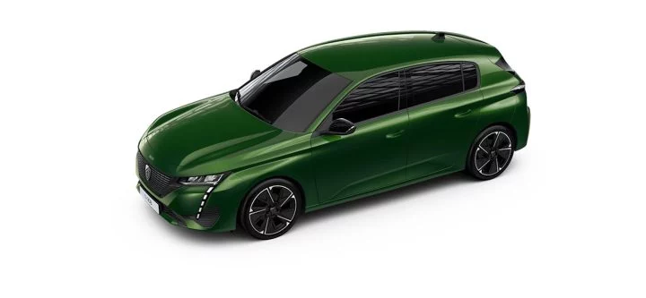 Vista lateral del Peugeot 308 e-style en color verde. Destacan sus líneas elegantes y dinámicas.