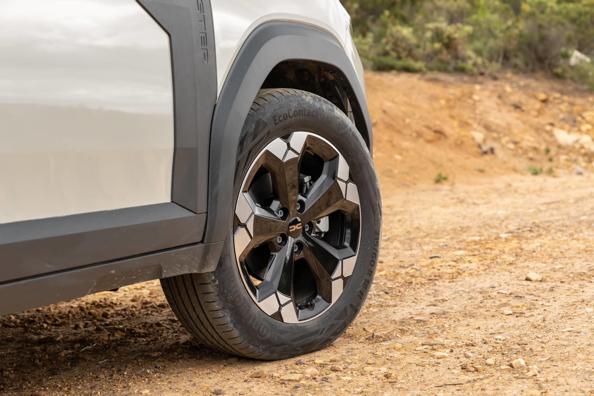 Imagen detallada de la llanta y neumático del Dacia Duster, enfocando su capacidad todoterreno.