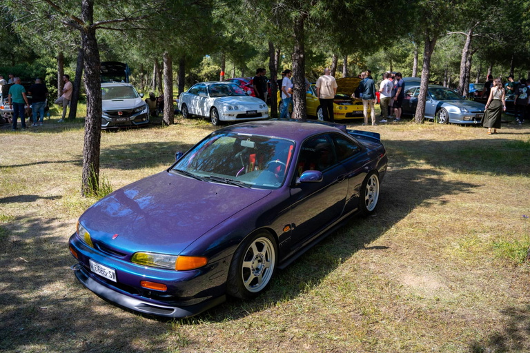 Vista lateral de un coup&eacute; deportivo en exhibici&oacute;n bajo la sombra de &aacute;rboles, con p&uacute;blico al fondo.