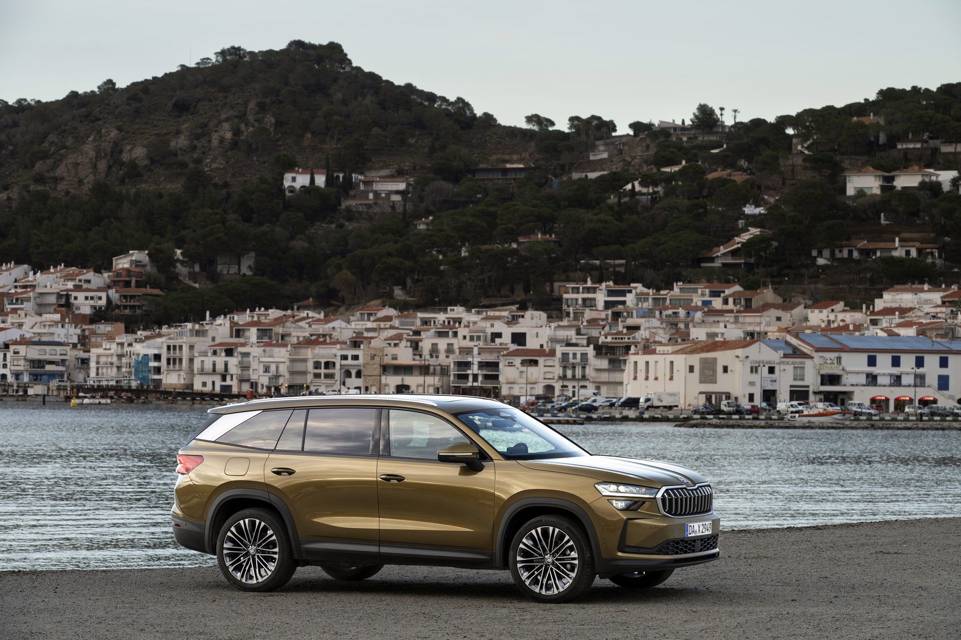 Vista lateral del Škoda Kodiaq 2024 estacionado con un paisaje costero al fondo.