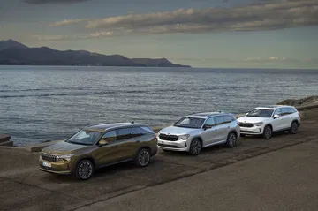 Vista lateral de la gama Skoda Kodiaq 2024 junto a la costa