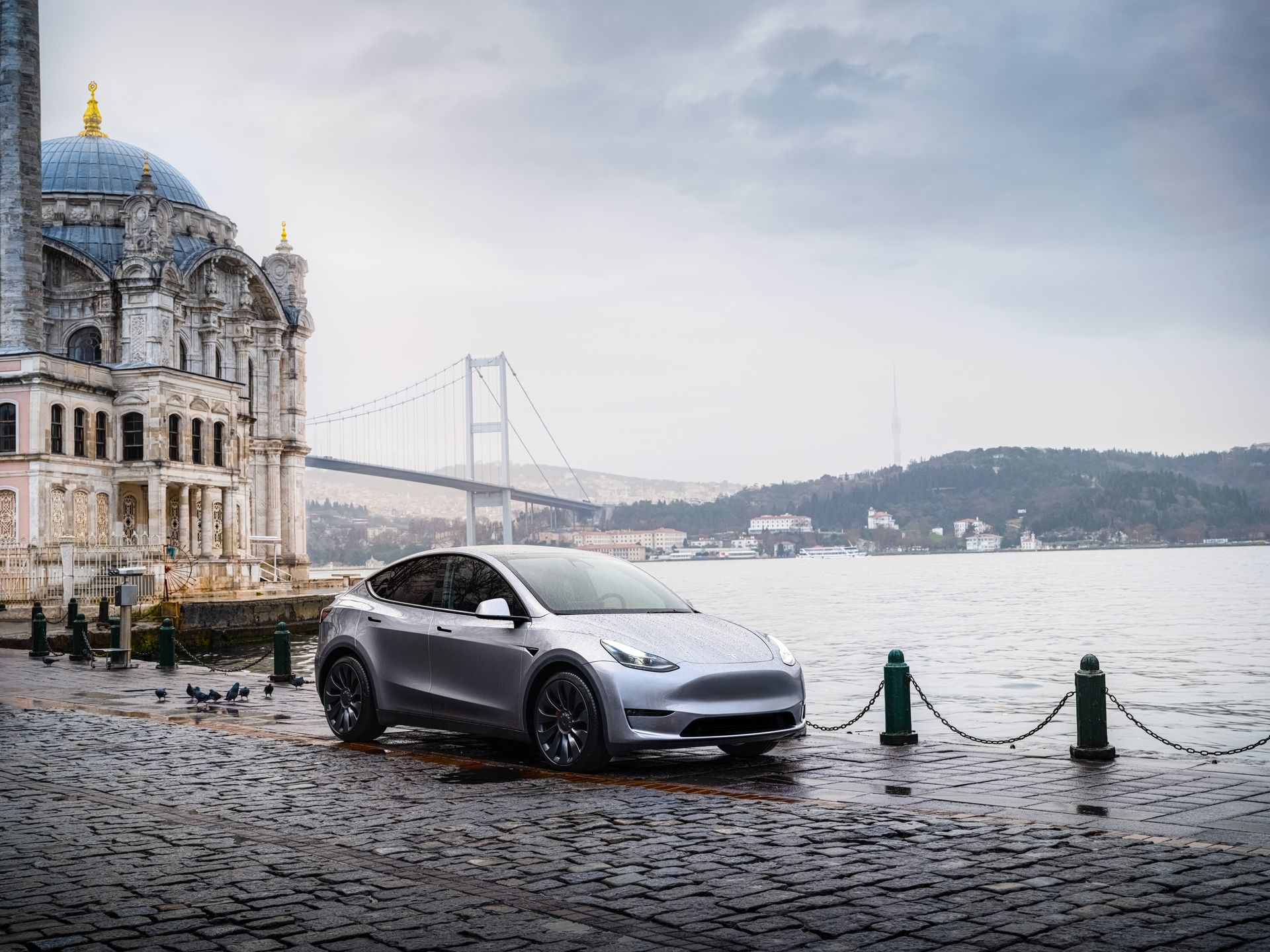 Tesla Model Y 2024 apreciado en su elegante perfil lateral con un paisaje urbano de fondo