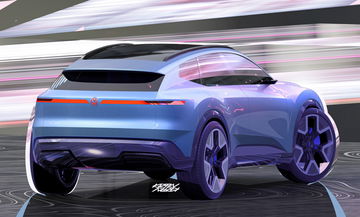 Vehículo conceptual con diseño futurista y líneas aerodinámicas marcadas.