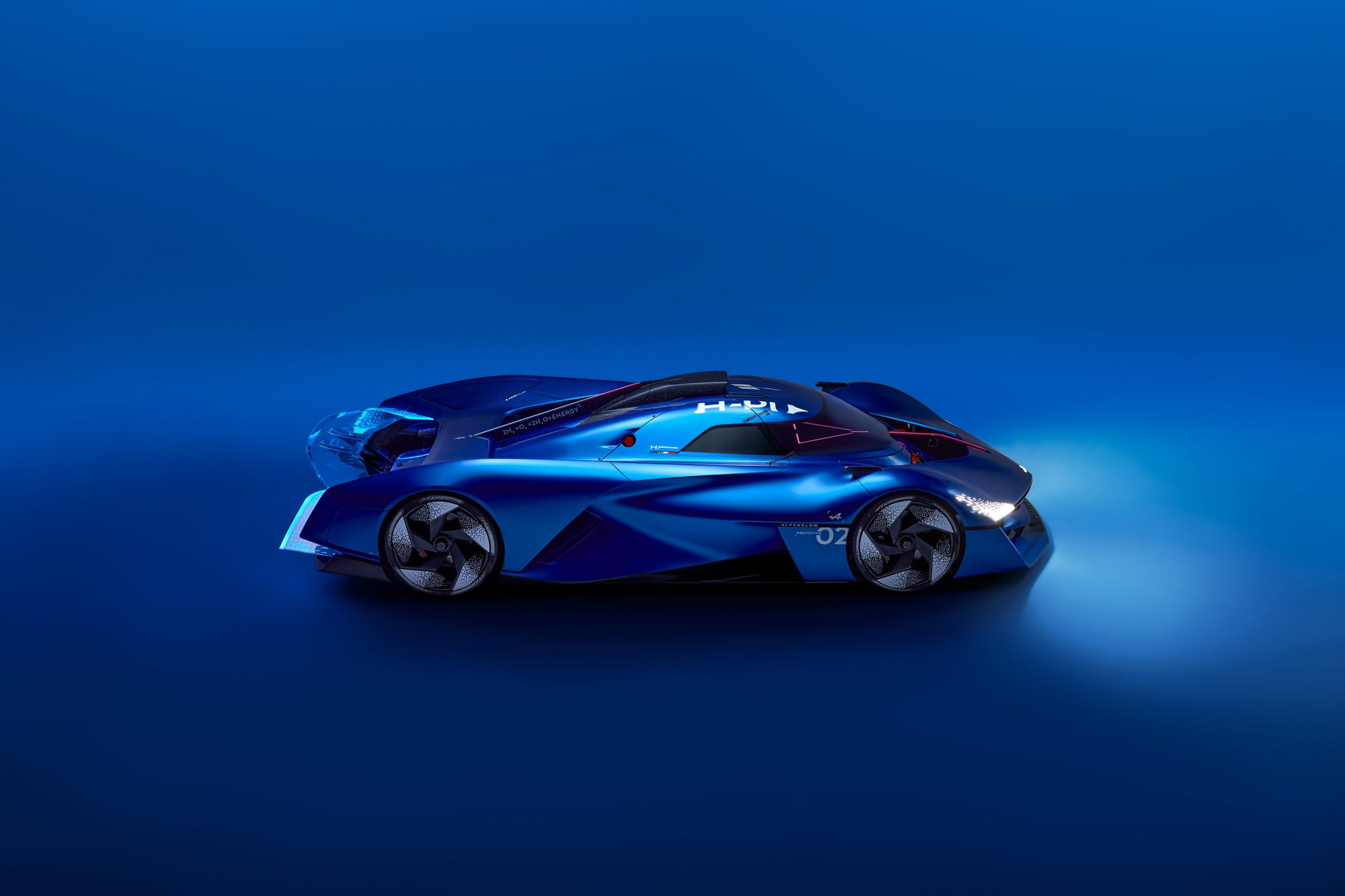 Vista lateral de un vehículo deportivo con diseño futurista y acabados en azul