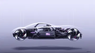 Vista lateral transparente que muestra chasis y detalles mecánicos.