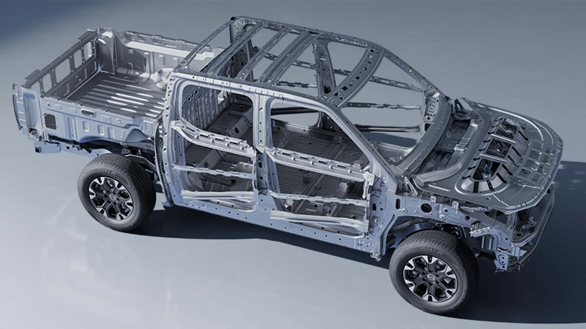 Vista lateral del chasis del BYD Shark, destacando su robustez.