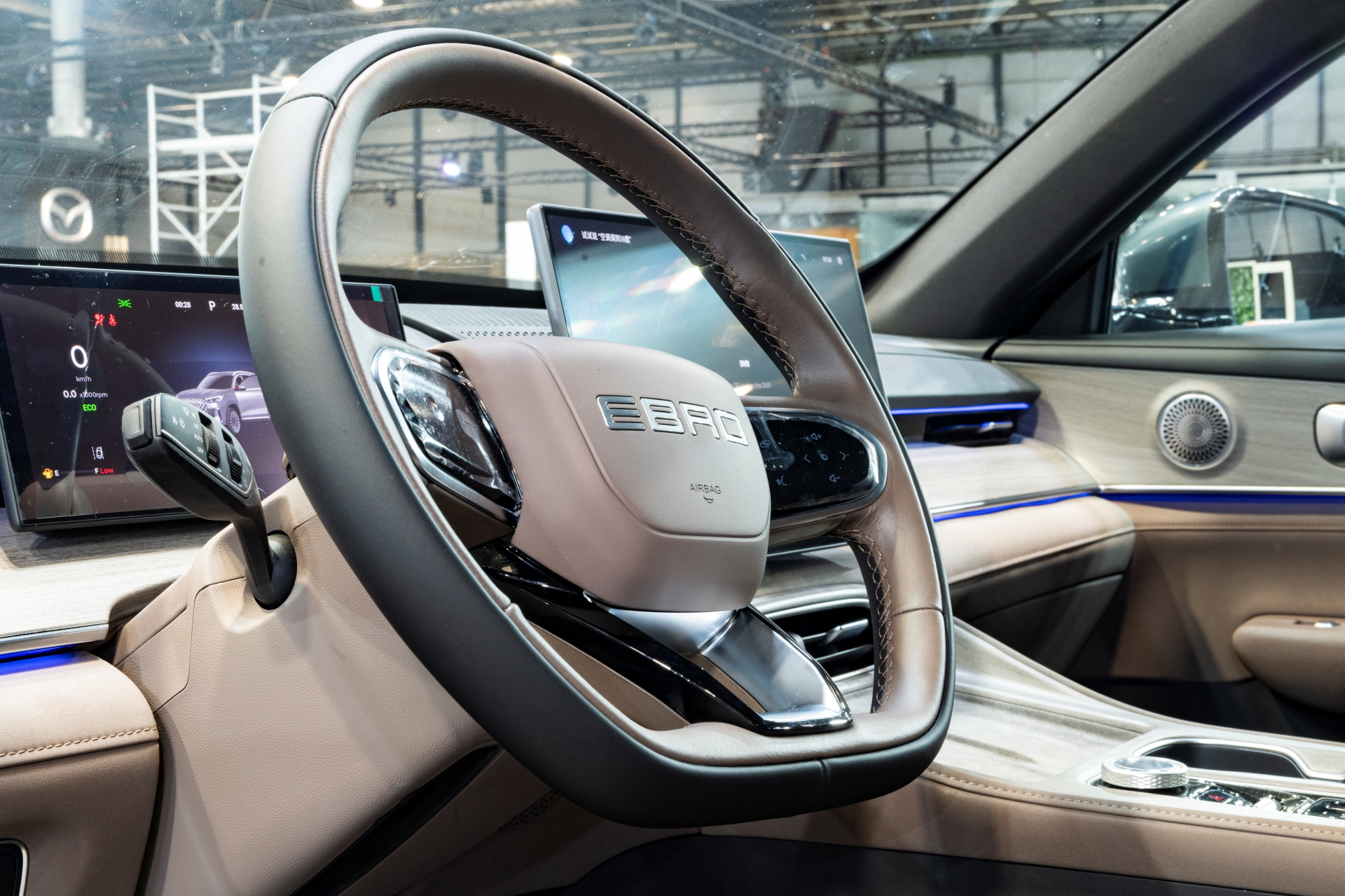 Volante con controles integrados y panel de instrumentos visible.