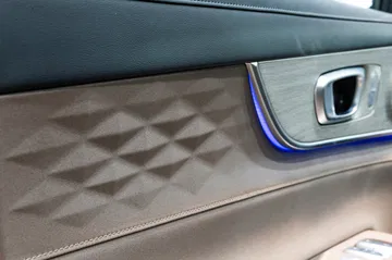 Detalle de acabado de la puerta con pespunteado y emblema estilizado.